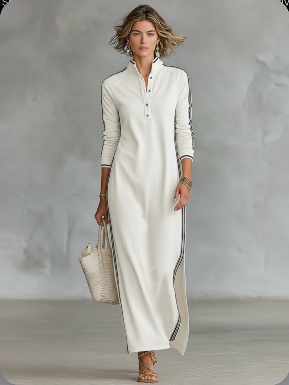MODESEES Minimalist White ONLY Button-down Collar Sweatshirt Maxi Dress - M
